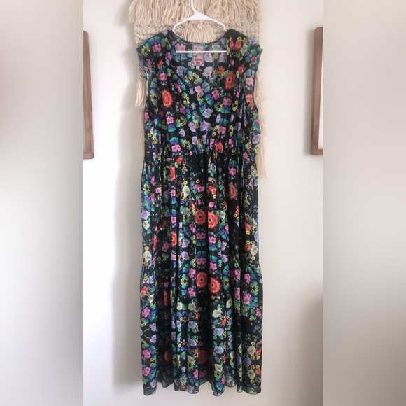 Johnny Was Ella Natania Silk Tiered Floral Tassel Midi Dress XL - Picture 4 of 11